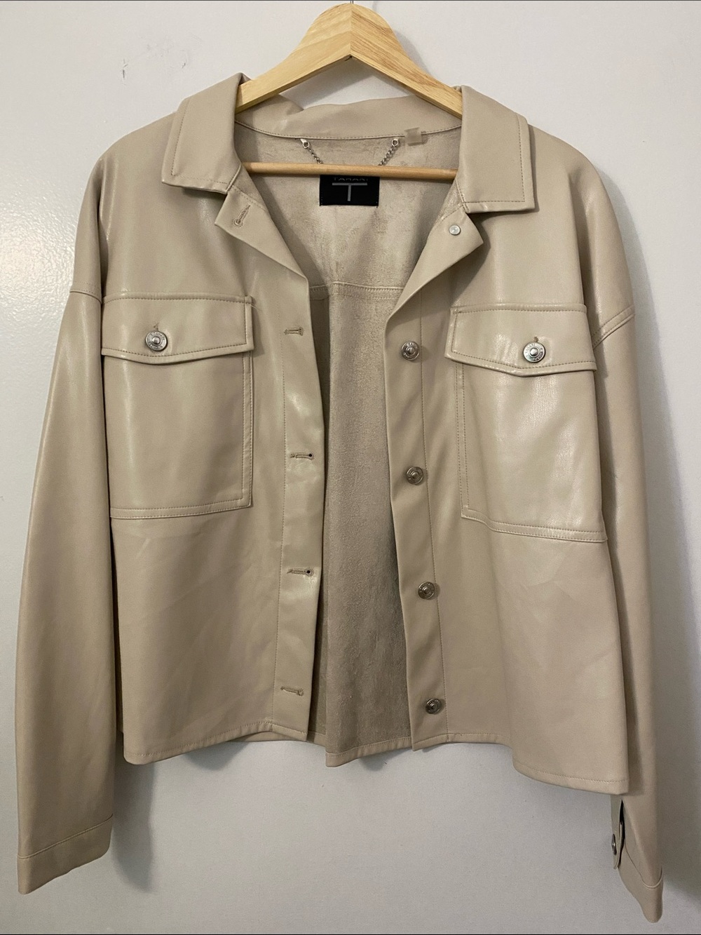 Tahari Neutral Beige Faux Leather Utility Jacket